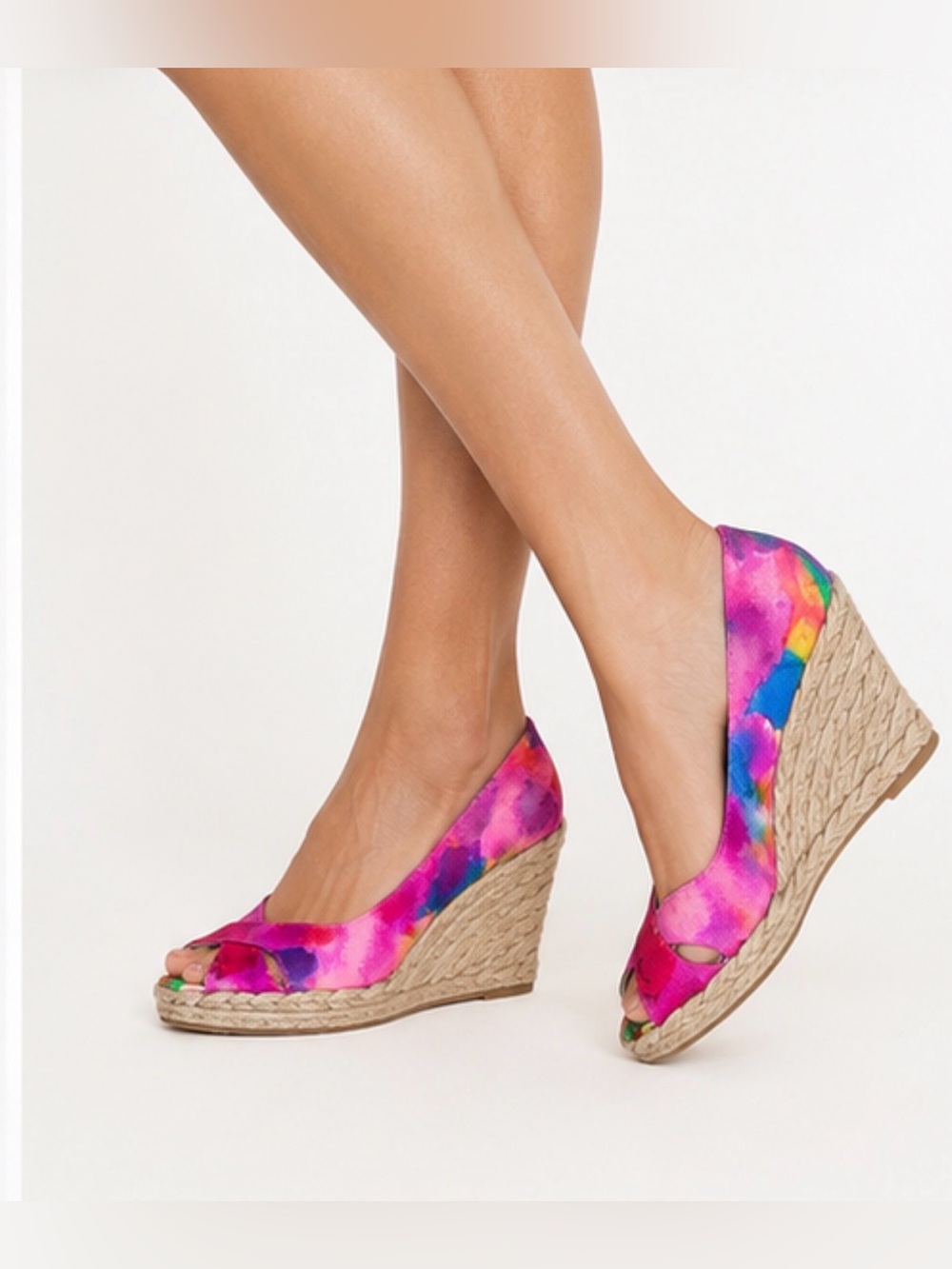 Stuart Weitzman Floral Satin Espadrille Wedge Peep Toe Pumps Shoes Women’s 8M